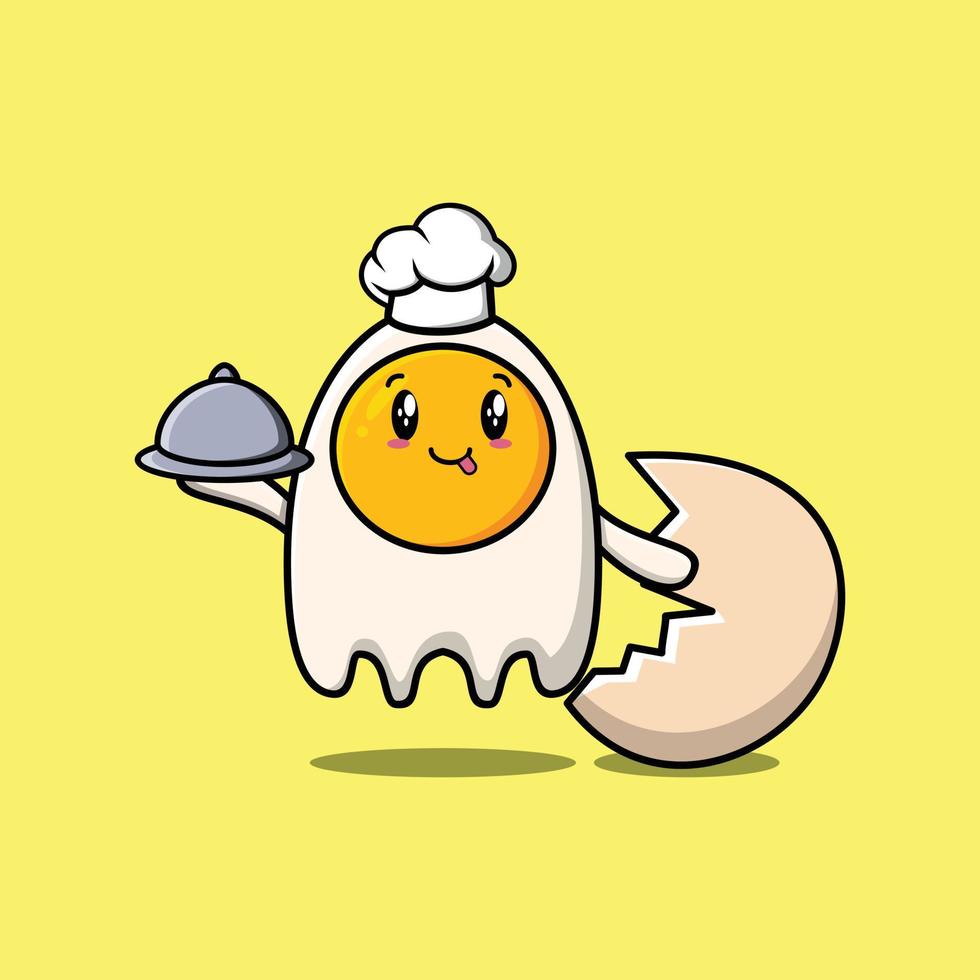 Cute Cartoon chef fried eggs serving food on tray vector