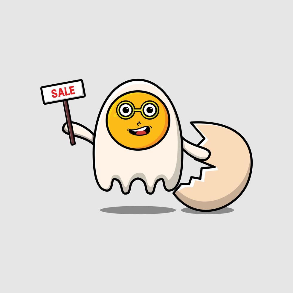 Cute cartoon fried eggs character hold sale sign vector