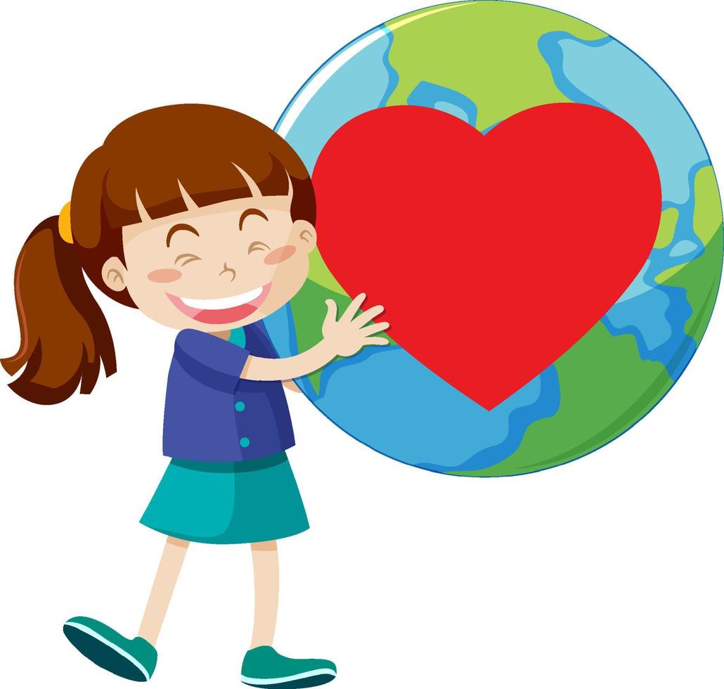 Girl holding heart on earth planet vector