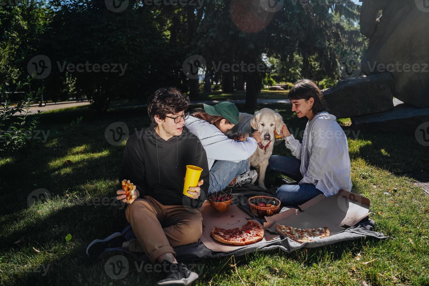 Company of beautiful young people and dog having an outdoor lunch. photo