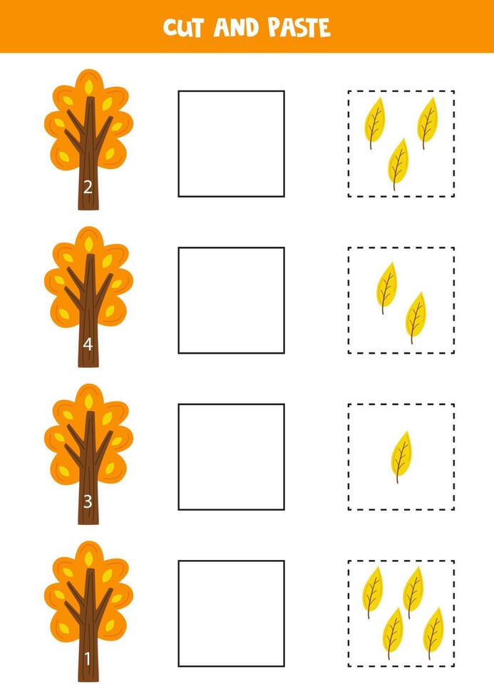 juego de matemáticas para niños. cuenta y pega lindas hojas de otoño en los árboles. vector