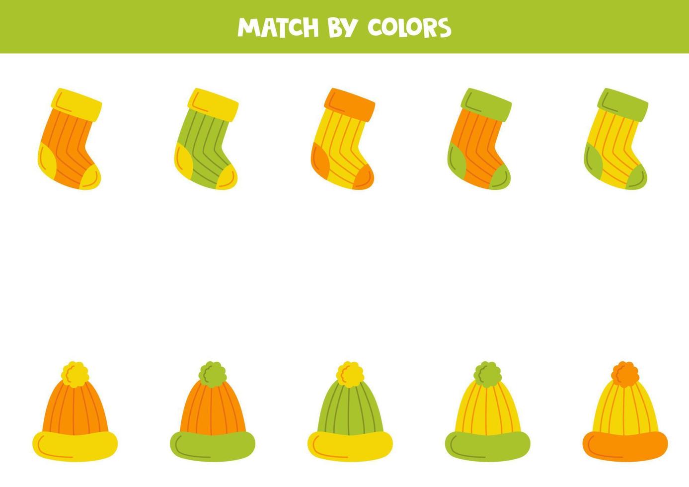 Color matching game for preschool kids. Match socks and caps by colors. vector