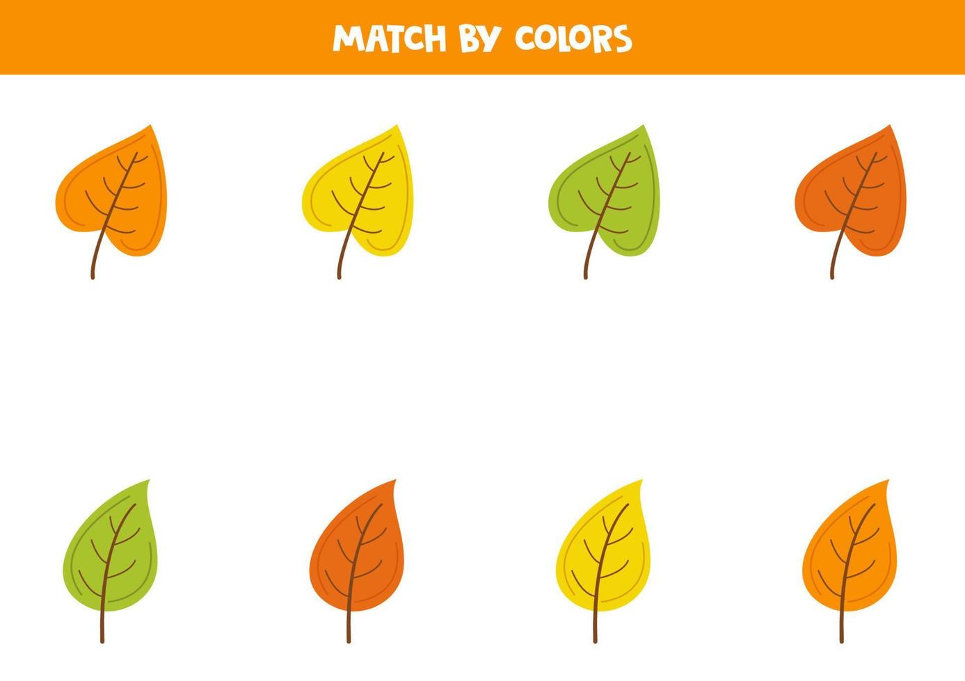 Color matching game for preschool kids. Match leaves by colors. vector