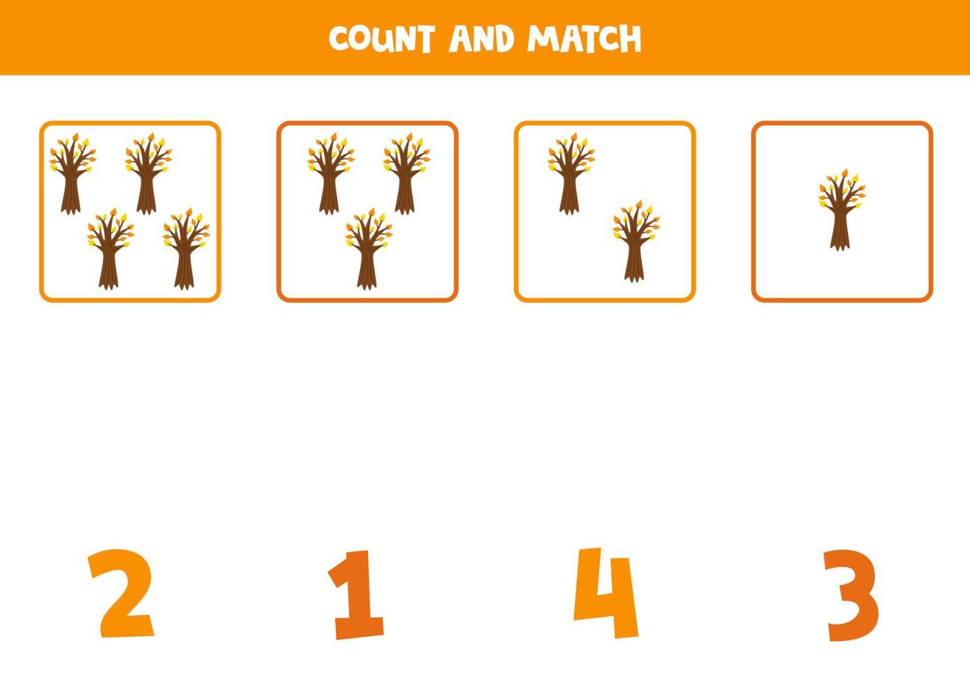 juego de conteo para niños. cuenta todos los árboles de otoño y haz coincidir con los números. hoja de trabajo para niños. vector