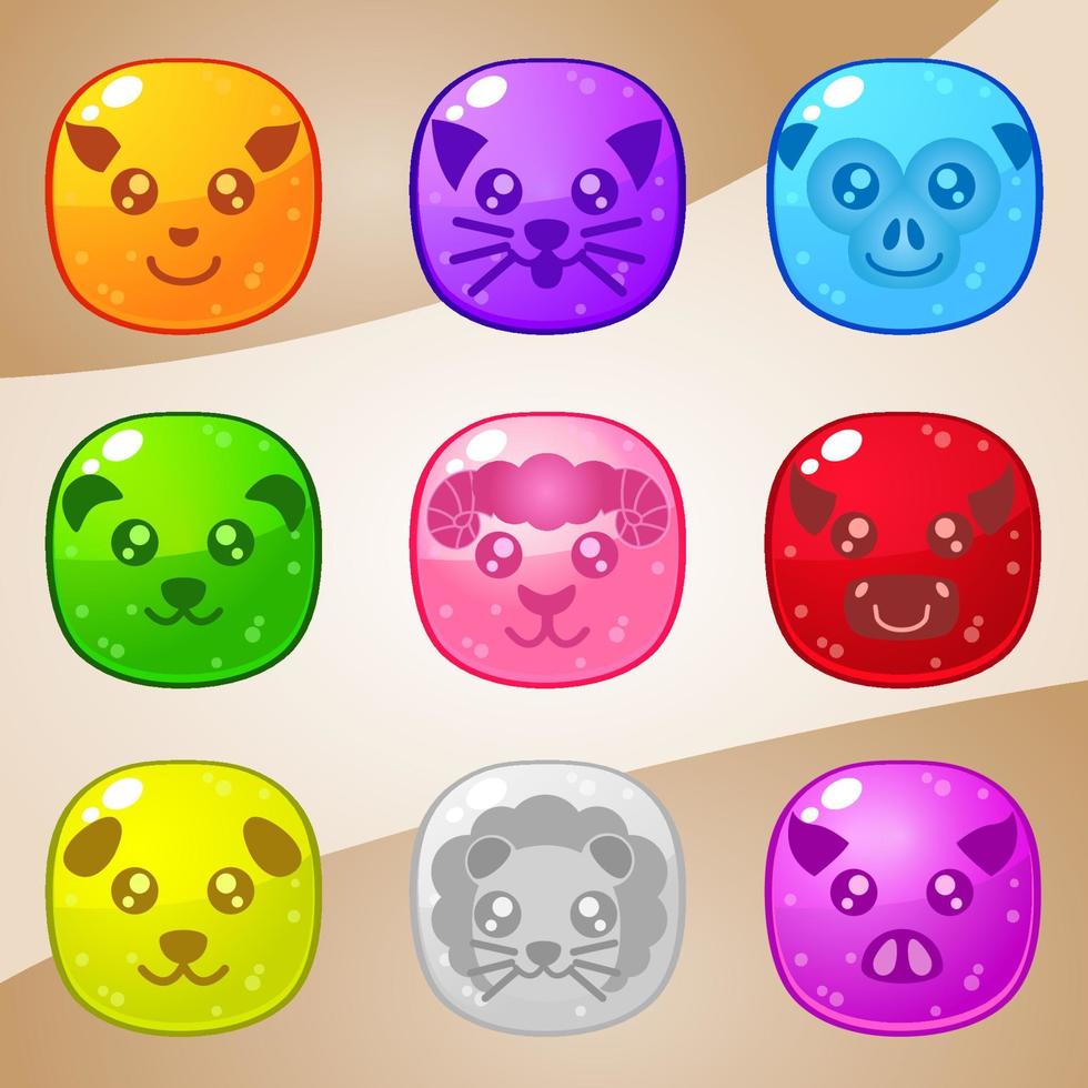 forma cuadrada bloque cara animales 9 colores para juegos de rompecabezas vector