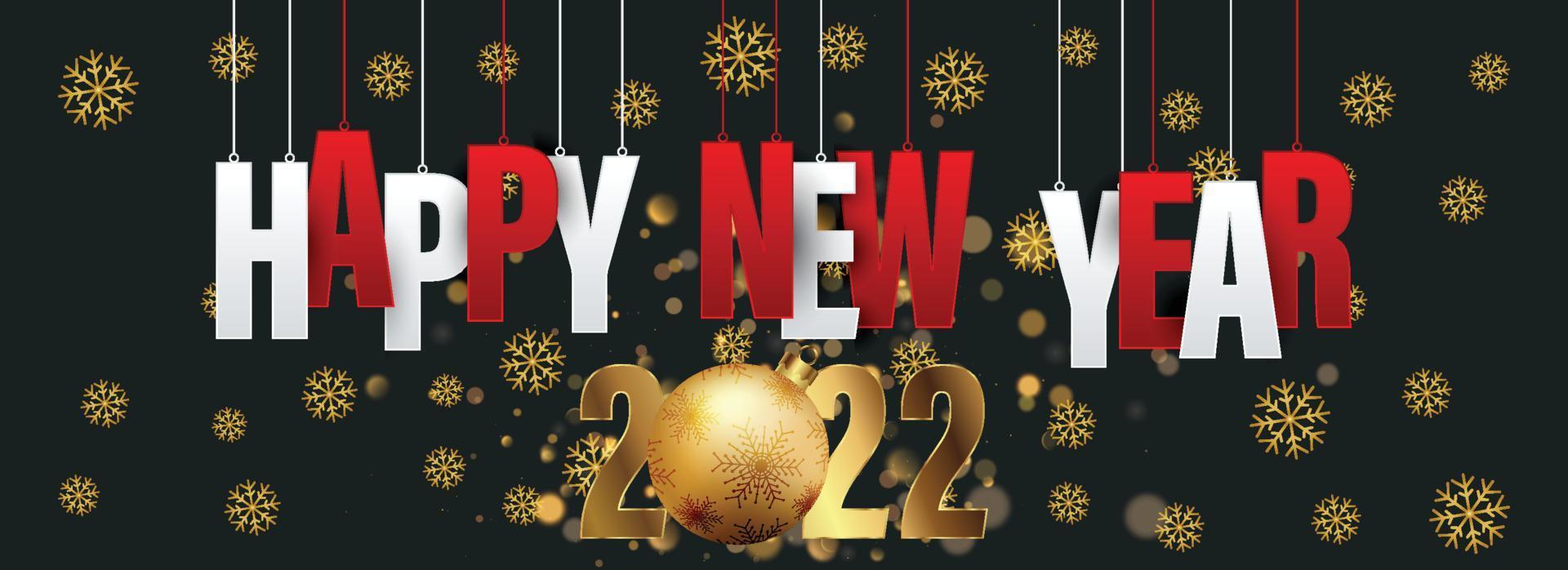 2022 Happy New Year illustration with typography lettering and Christmas ball on dark background. Holiday design for flyer, greeting card, banner, celebration poster, party invitation or calendar. vector