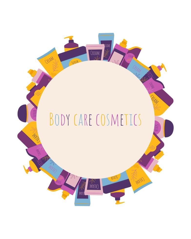 Jars and tubes with cosmetics banner or greeting card. Body care cosmetics. Vector illustration in flat style