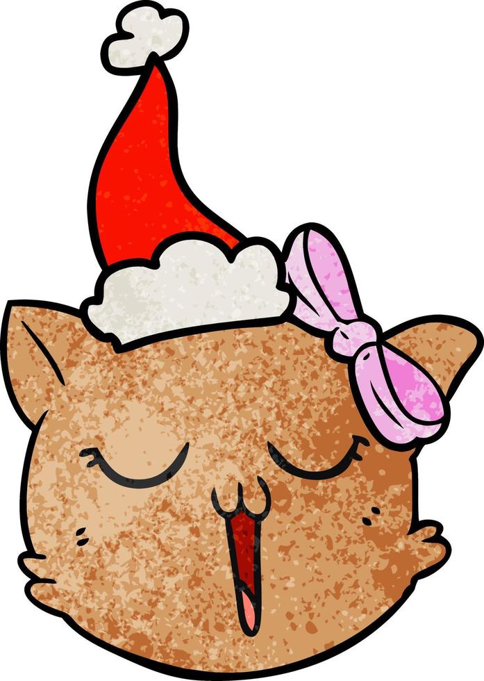 textured cartoon of a cat face wearing santa hat vector