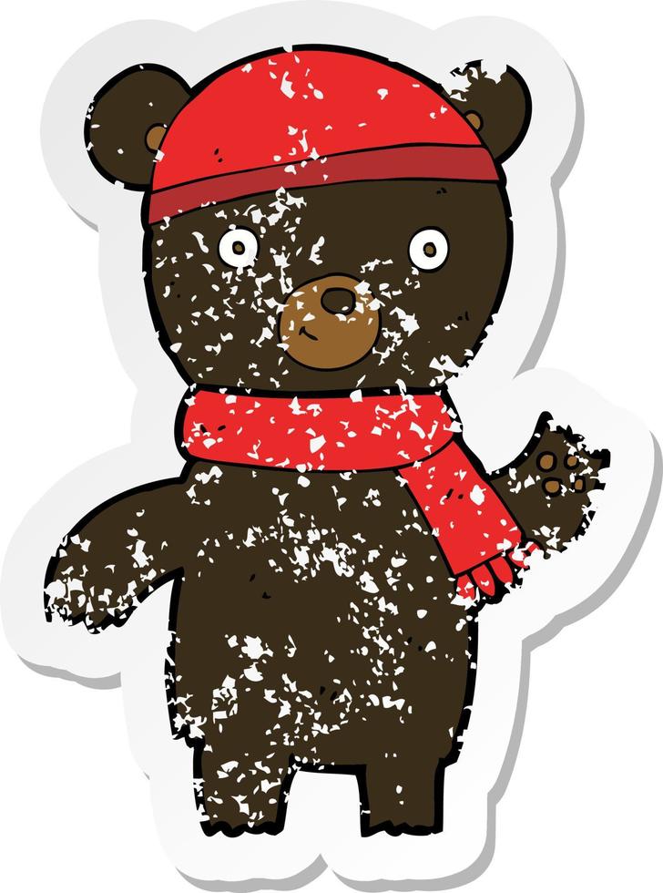 pegatina retro angustiada de un oso negro agitando dibujos animados vector