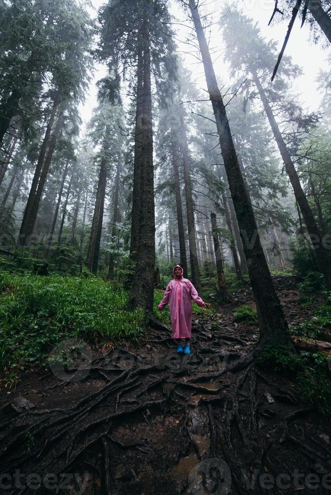 Young woman in a raincoat walks through the forest in the rain photo