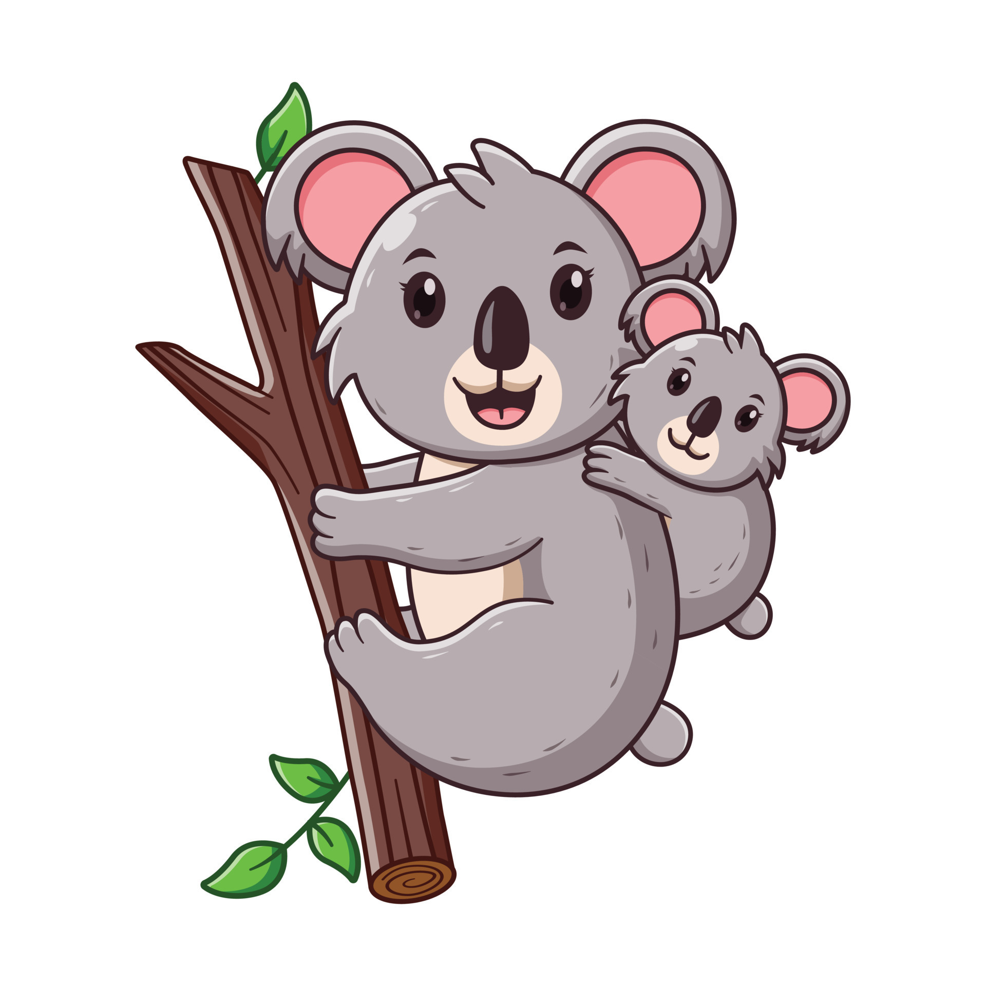 Cute Mother Koala with the baby Climbing the Tree Cartoon. Animal Icon