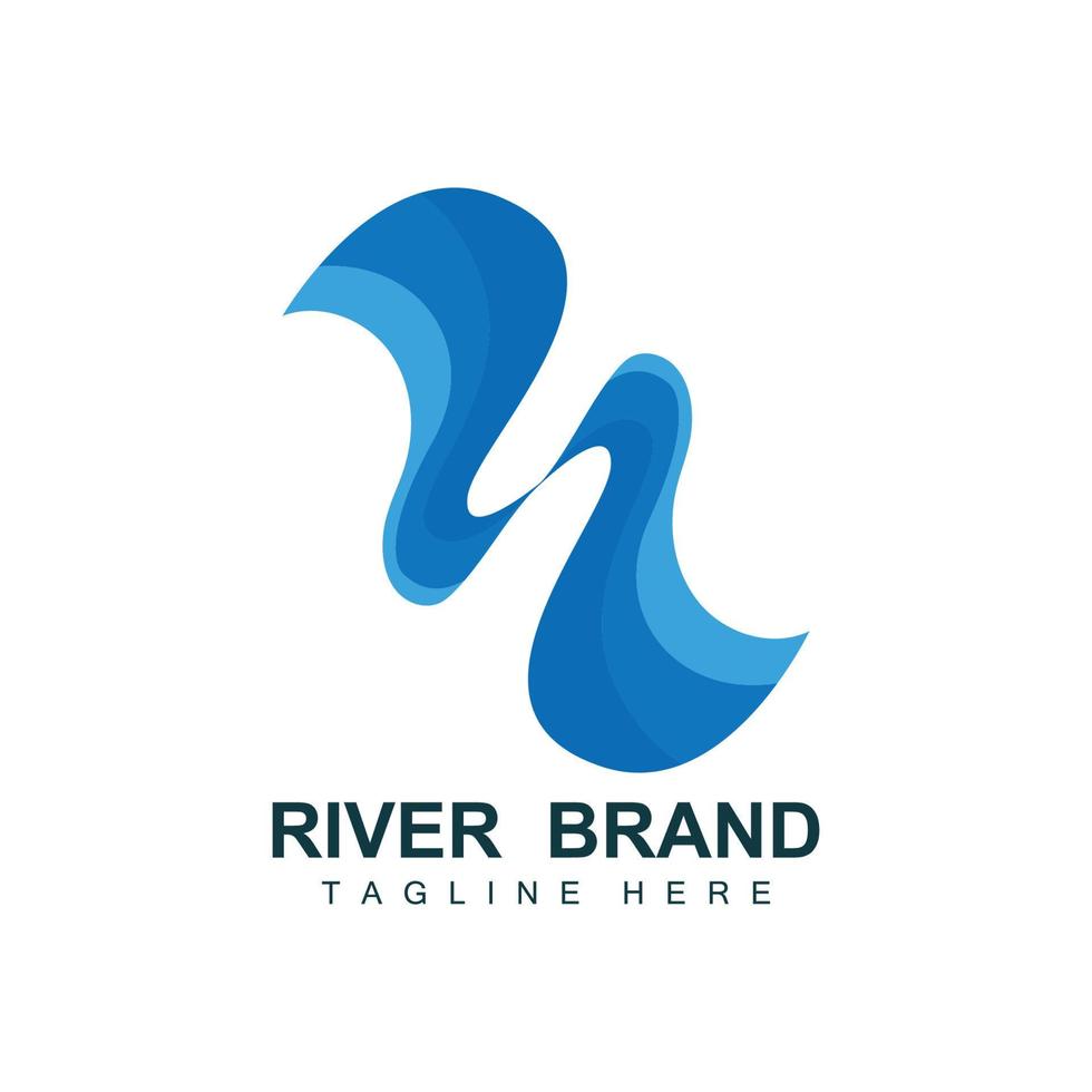 diseño del logo del río, vector de la cala del río, ilustración de la orilla del río con una combinación de montañas y naturaleza, marca de producto