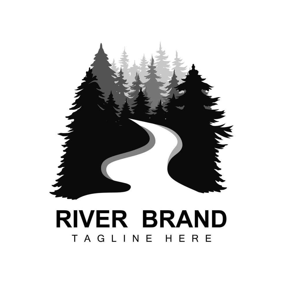 diseño del logo del río, vector de la cala del río, ilustración de la orilla del río con una combinación de montañas y naturaleza, marca de producto