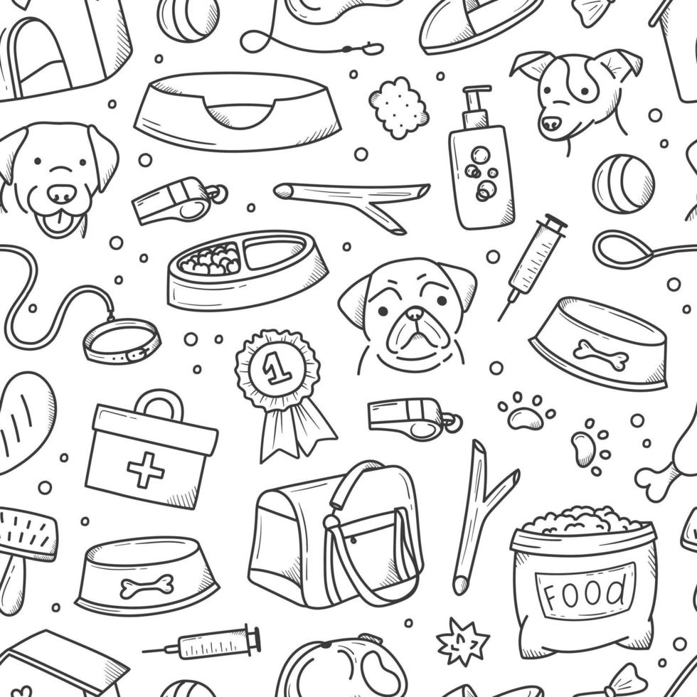 pattern of pet products elements drawn in hand-style doodle vector