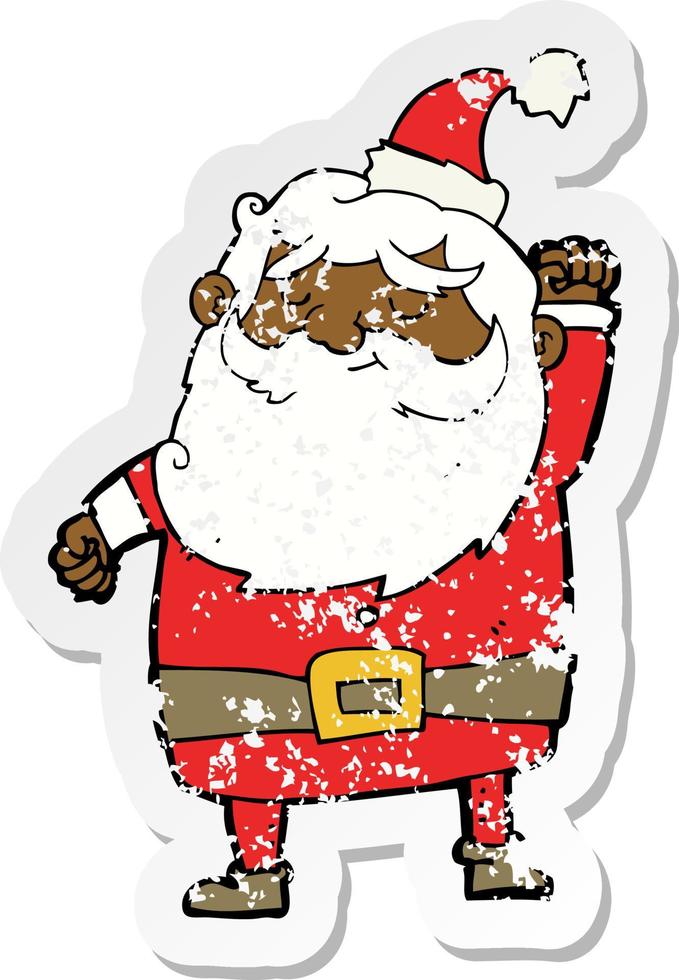 retro distressed sticker of a cartoon santa claus punching air vector