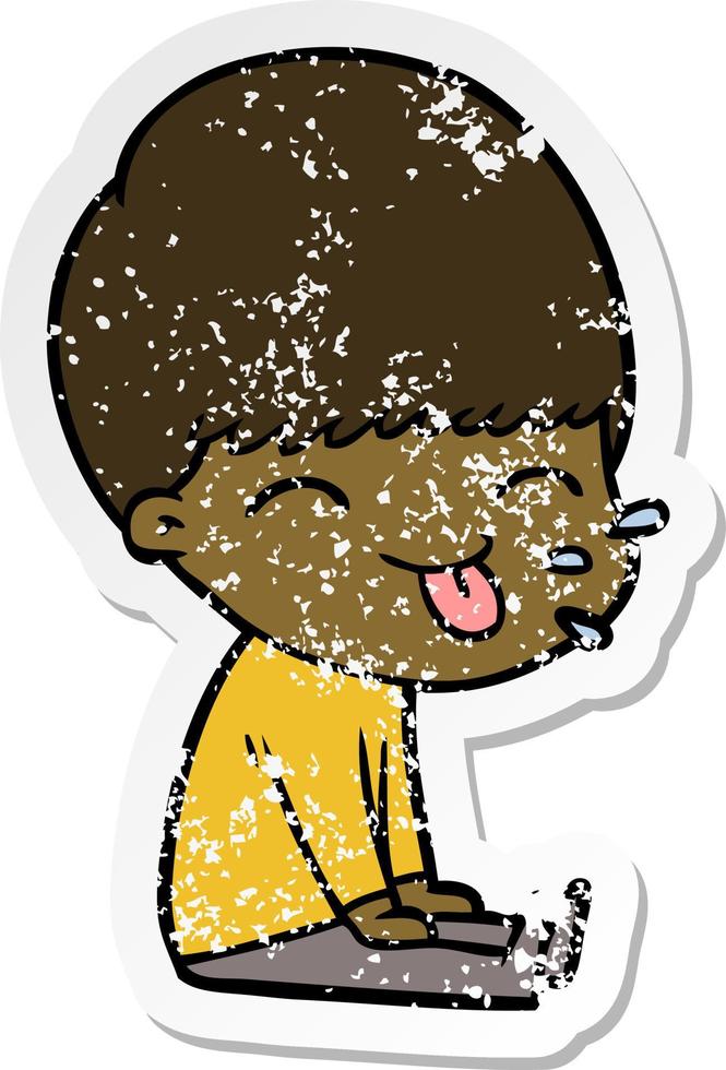 distressed sticker of a cartoon boy sticking out tongue vector