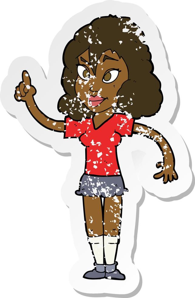 retro distressed sticker of a cartoon pretty woman with idea vector