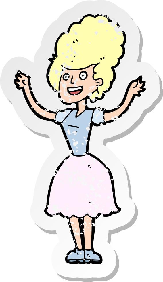 retro distressed sticker of a cartoon happy 1950s woman vector