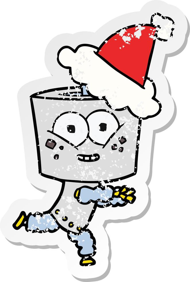 happy distressed sticker cartoon of a robot wearing santa hat vector