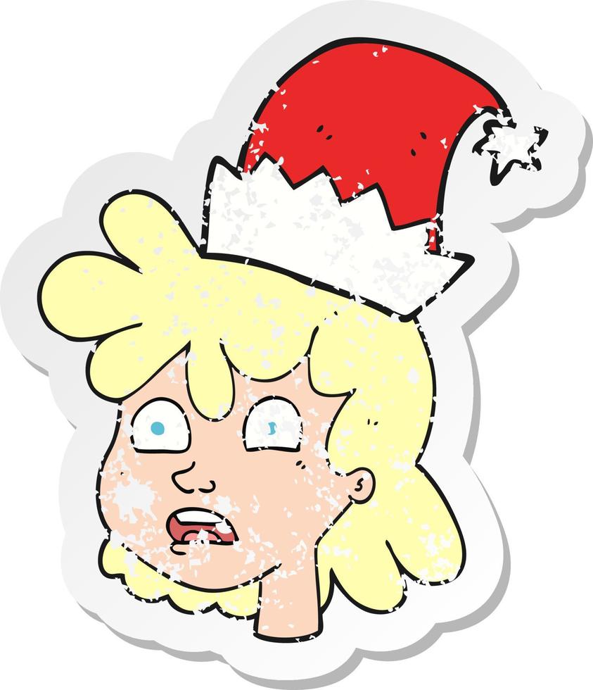 retro distressed sticker of a cartoon woman wearing christmas hat vector