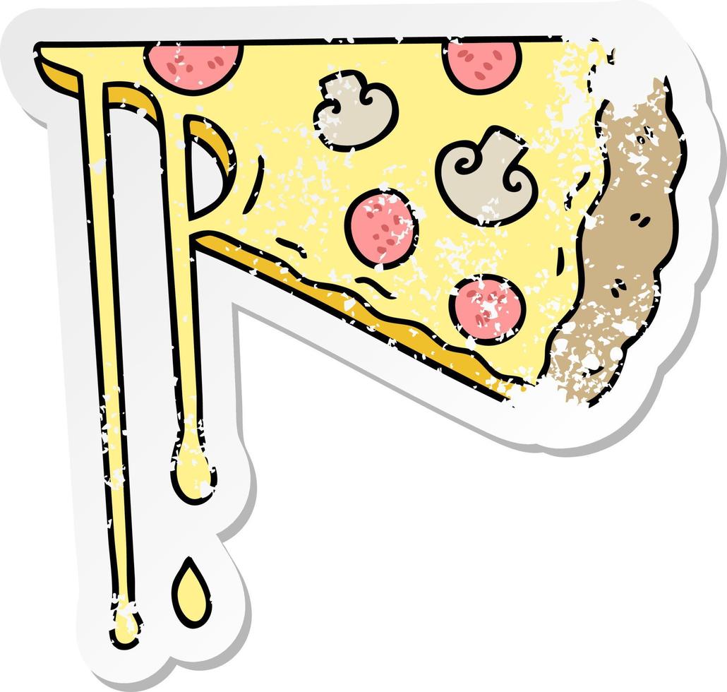 distressed sticker of a quirky hand drawn cartoon cheesy pizza vector