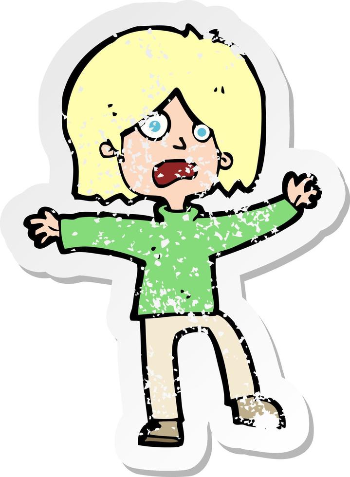 retro distressed sticker of a cartoon scared person vector