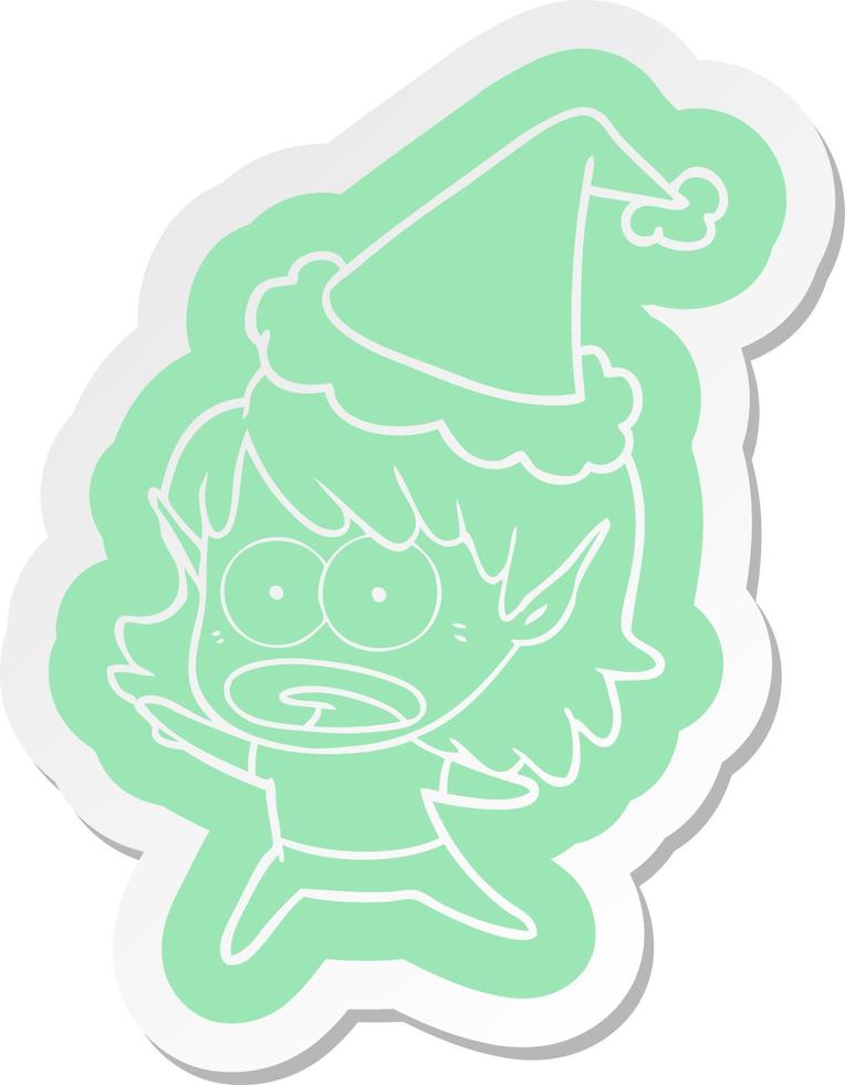 cartoon  sticker of a shocked elf girl wearing santa hat vector