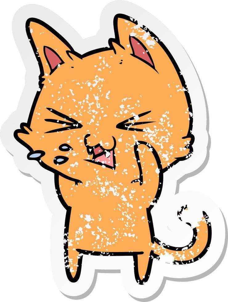 distressed sticker of a cartoon cat hissing vector