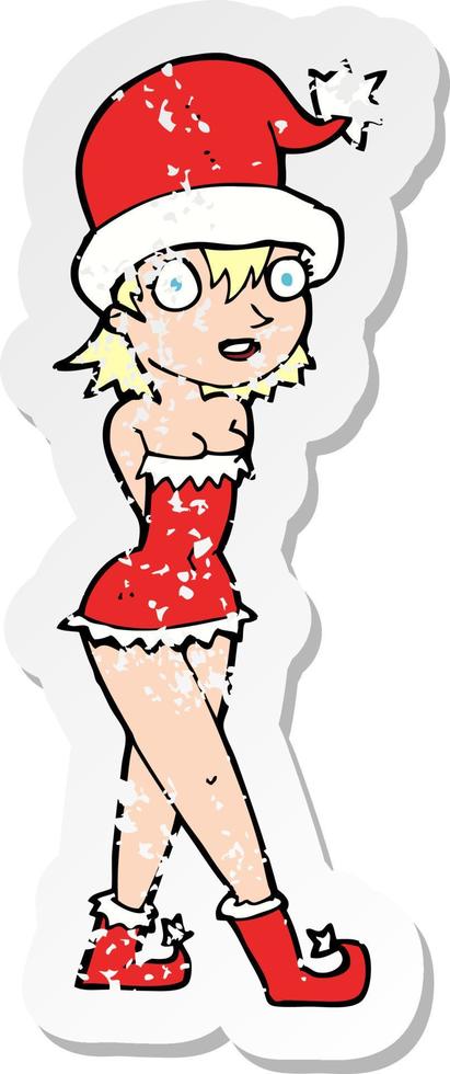 retro distressed sticker of a cartoon woman in christmas elf costume vector