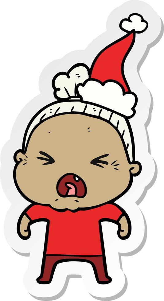 sticker cartoon of a angry old woman wearing santa hat vector