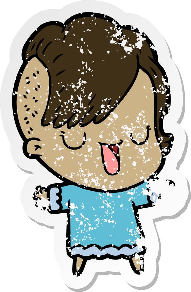 distressed sticker of a cute cartoon girl with hipster haircut vector