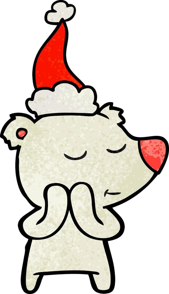 happy textured cartoon of a polar bear wearing santa hat vector