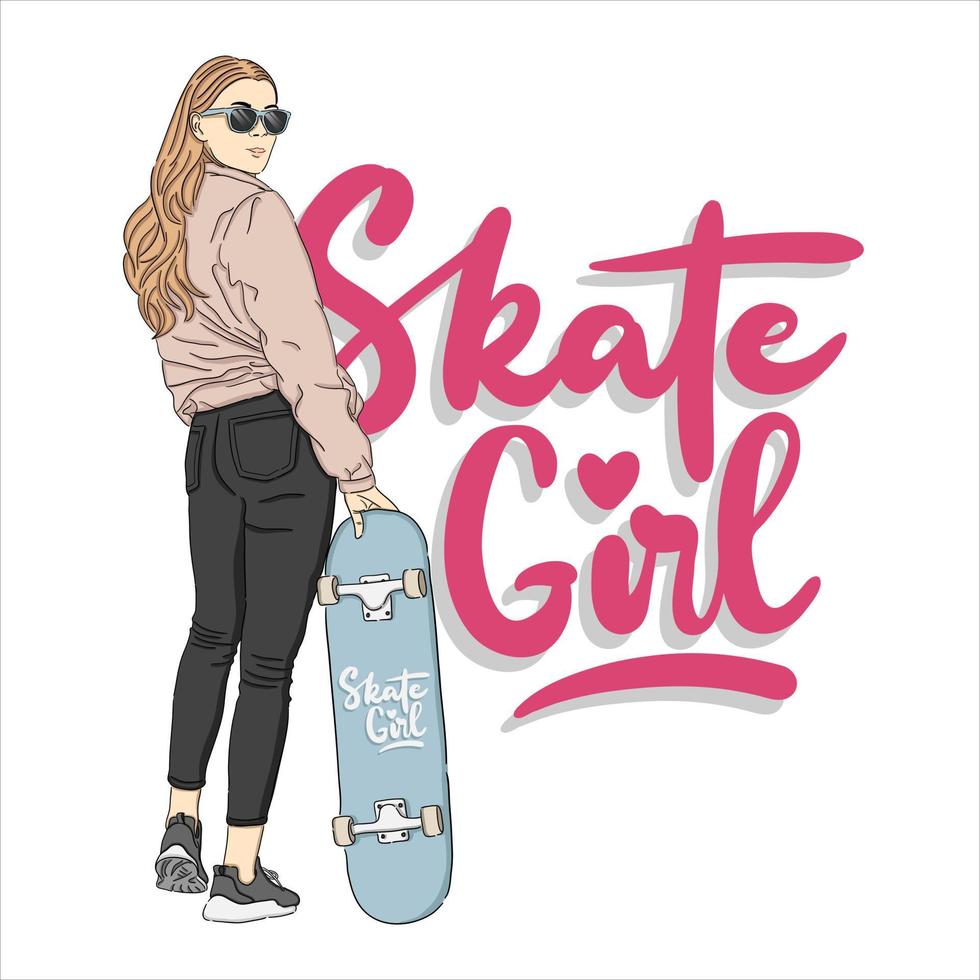 ilustración de niña patineta vector