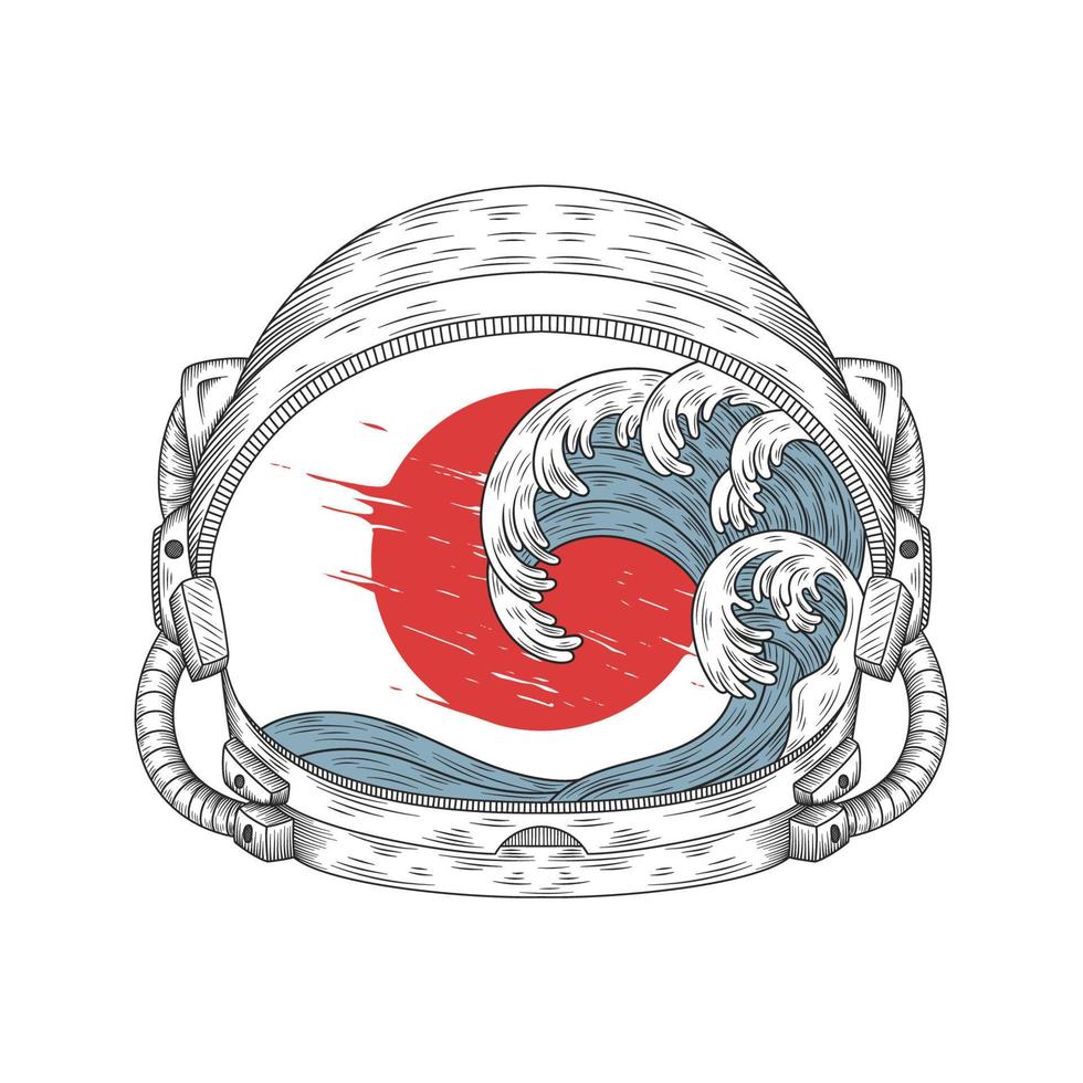 hand drawn astronaut helmet and japanese style wave illustration vector