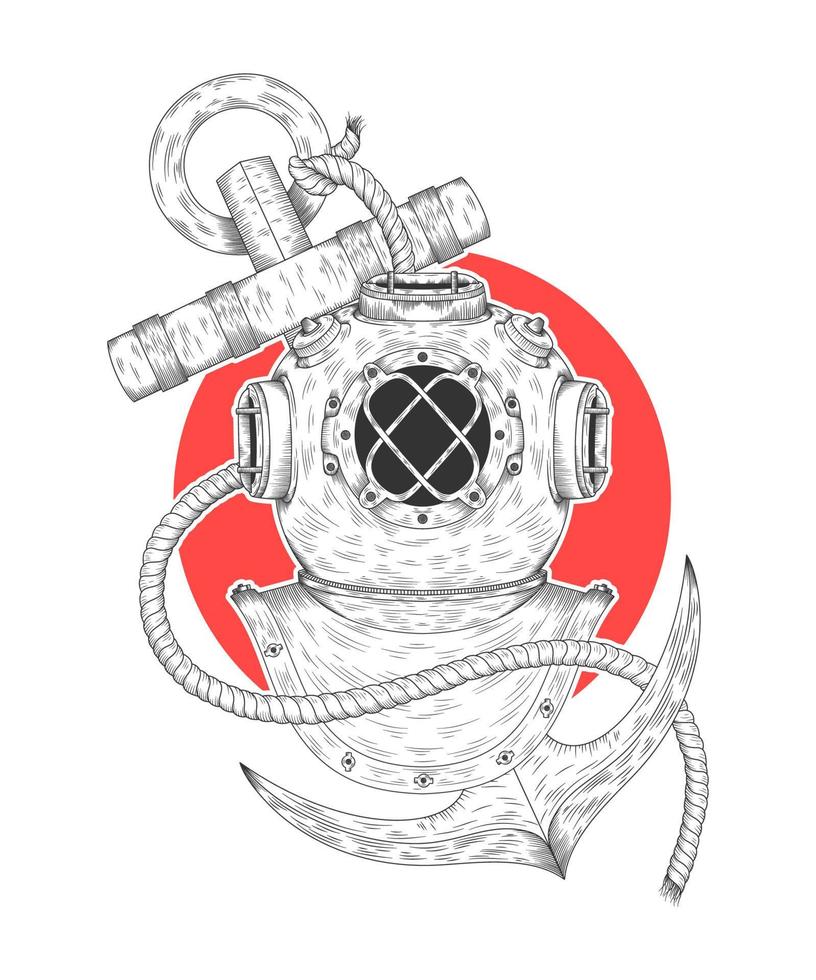casco de buceo e ilustración de ancla vector