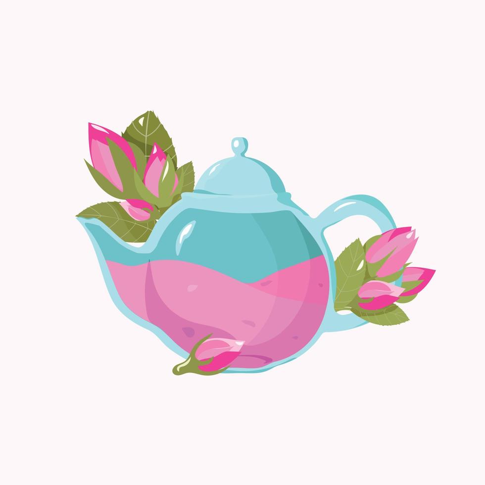 té de hierbas hecho de pétalos de rosa. ilustración vectorial de té de rosas en una tetera azul para el diseño de paquetes o menús. vector