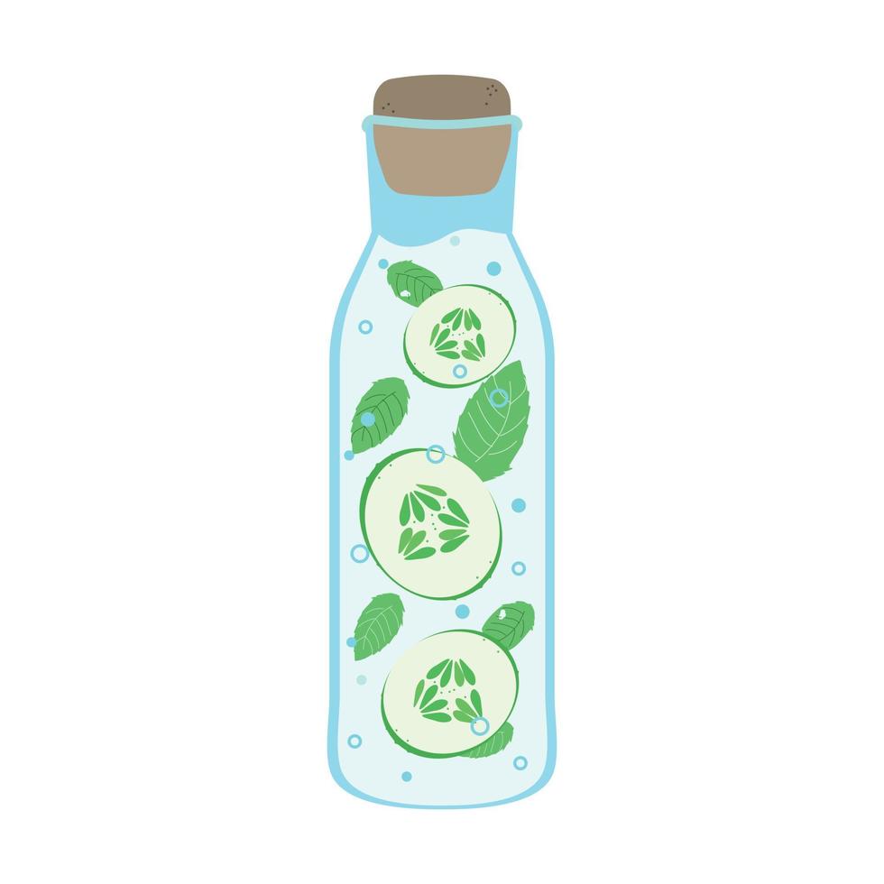 Detox water with cucumber and mint. Vector illustration of a water bottle with cucumber slices and mint leaves. Drawing of water with vegetables for healthy eating for a print or article.
