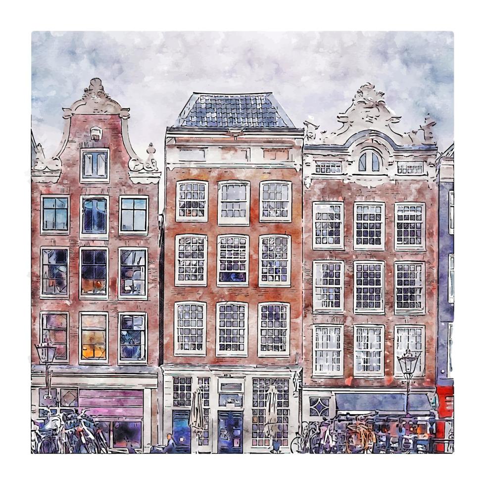 Amsterdam Netherlands Watercolor sketch hand drawn illustration vector