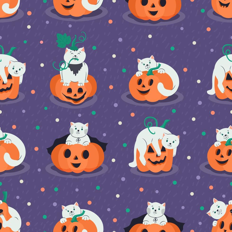 patrones sin fisuras de halloween con gatos lindos y calabazas jack o linternas sobre fondo púrpura. ilustración plana dibujada a mano. vector