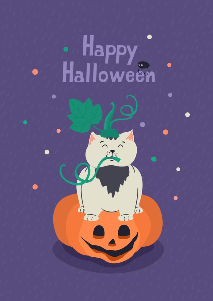 Happy Halloween greeting card with cute kitten and jack-o-lantern pumpkin. Hand drawn lettering and vector illustration.