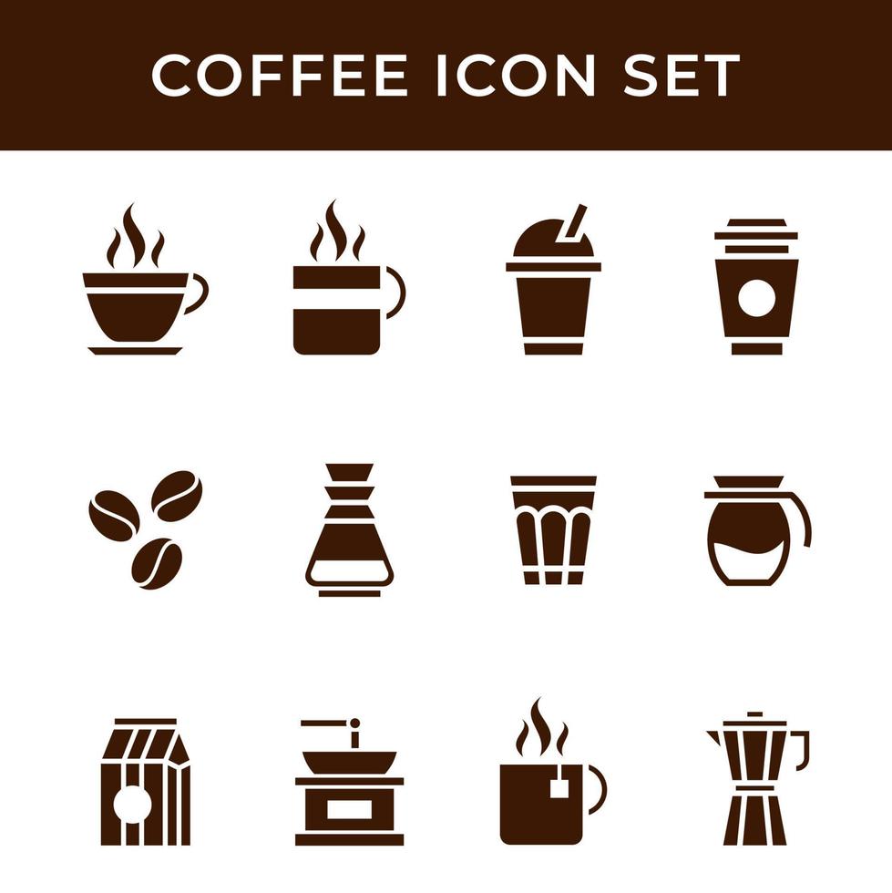 Set of Coffee Icon Vector Silhouette with French press, cocktail, paper pack, takeaway cup, moka pot, cezve, espresso, cappuccino, machine, mill.