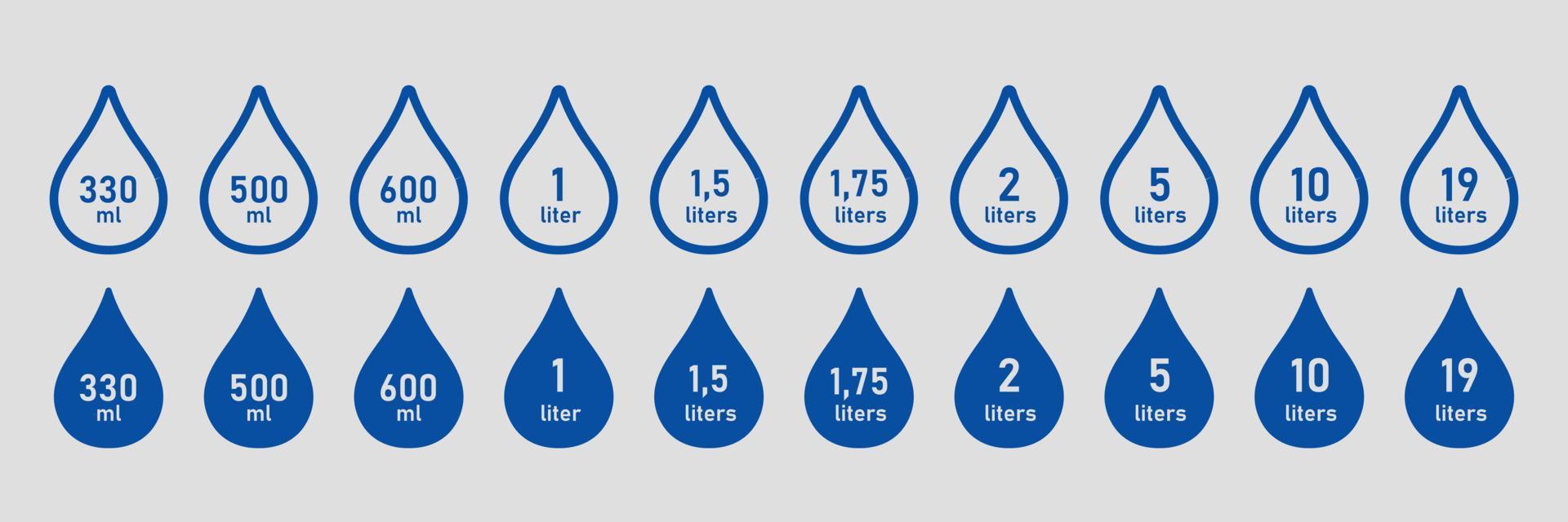 símbolos de capacidad de agua entre 330 mililitros y 19 litros. una gota de líquido con un valor. medida de volumen. ilustración vectorial vector