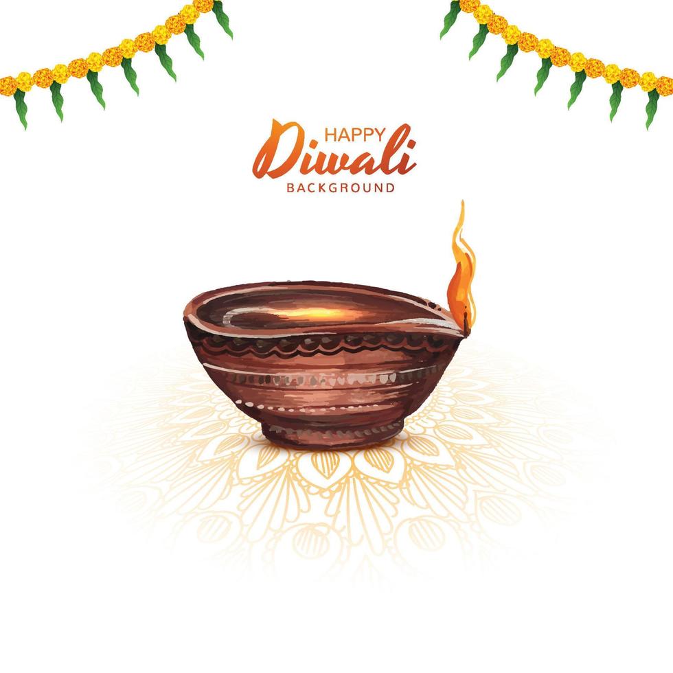 Happy diwali design with watercolor diya oil lamp festival background vector