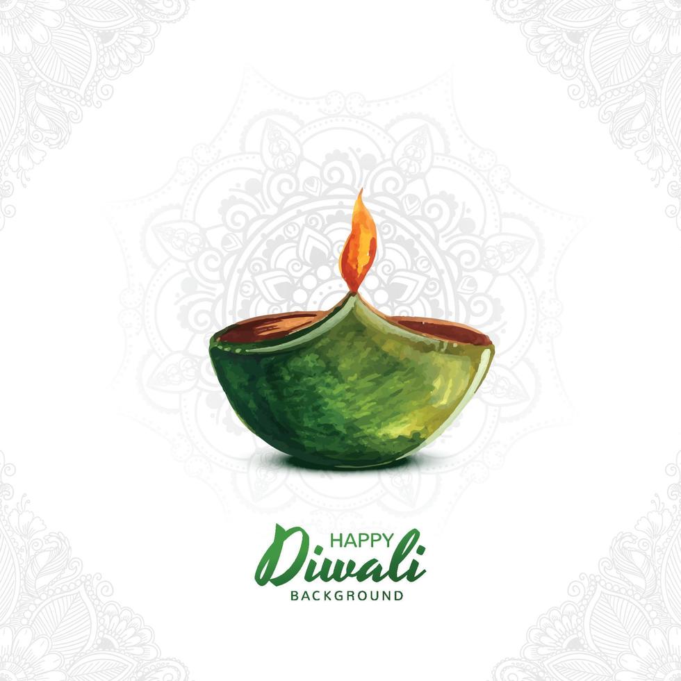 Illustration of burning watercolor diya on happy diwali card background vector