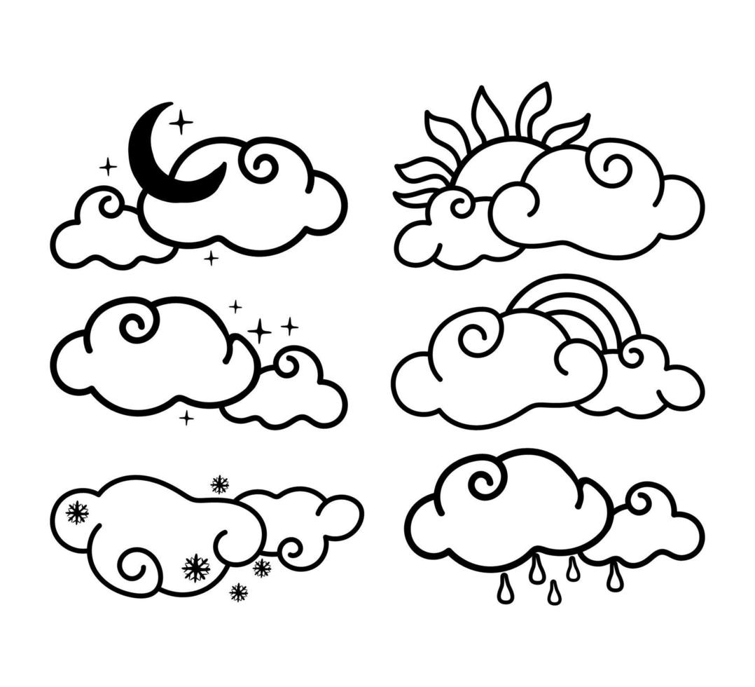 A set of weather phenomena. Clouds with rainbow, snow, rain, sun, month, drawn elements in doodle style. Nature phenomenon. Clear, overcast, day, night. Weather. Little curly clouds Cute vector