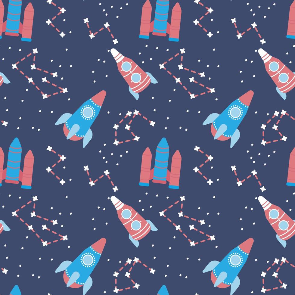 Funny rockets seamless pattern vector illustration. Universe background.