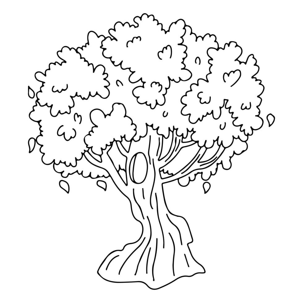 Autumn tree in hand drawn doodle style. Sketch tree with a thick trunk. Fall nature element. Coloring. vector