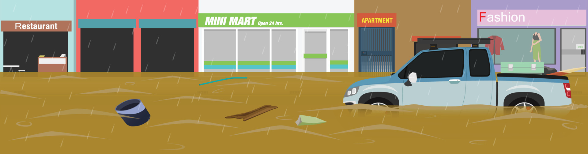 Pickup trucks wading through flooded urban areas. Garbage floating in