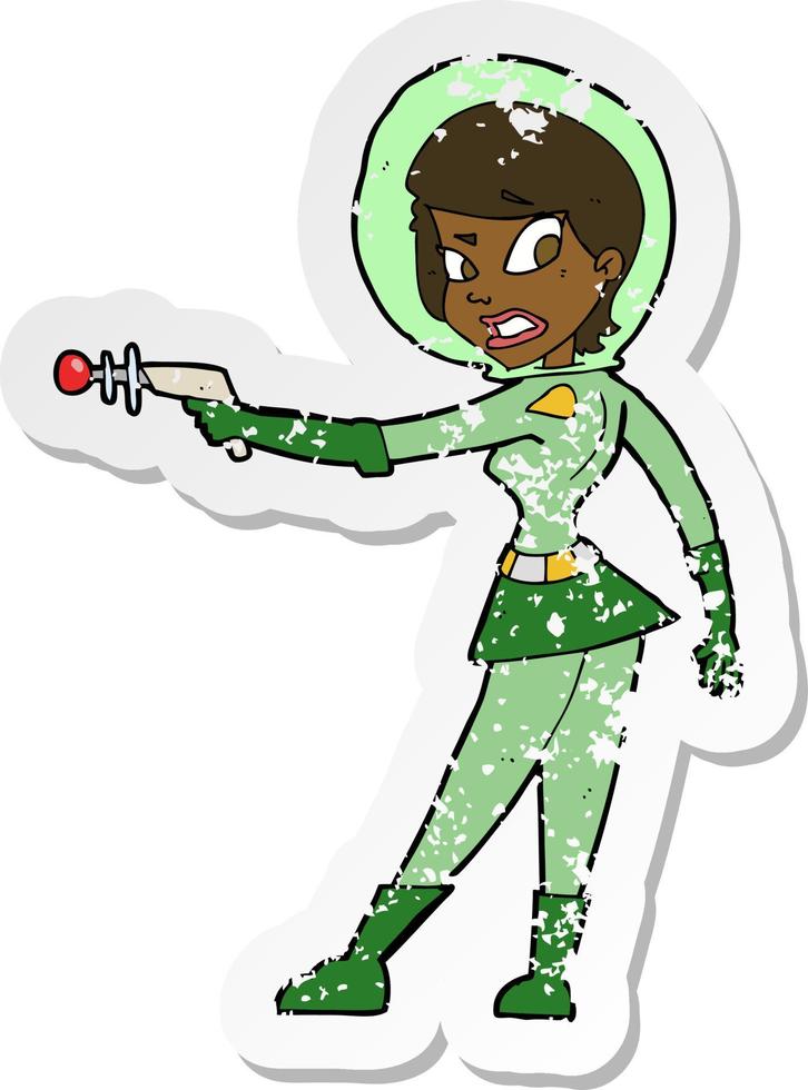 retro distressed sticker of a cartoon sci fi girl vector