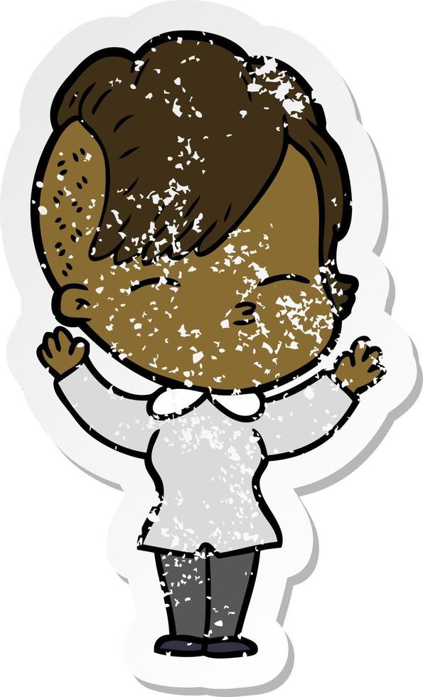 distressed sticker of a cartoon squinting girl vector